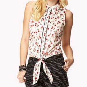 Forever 21 Cherry Tie Front Sleeveless Top